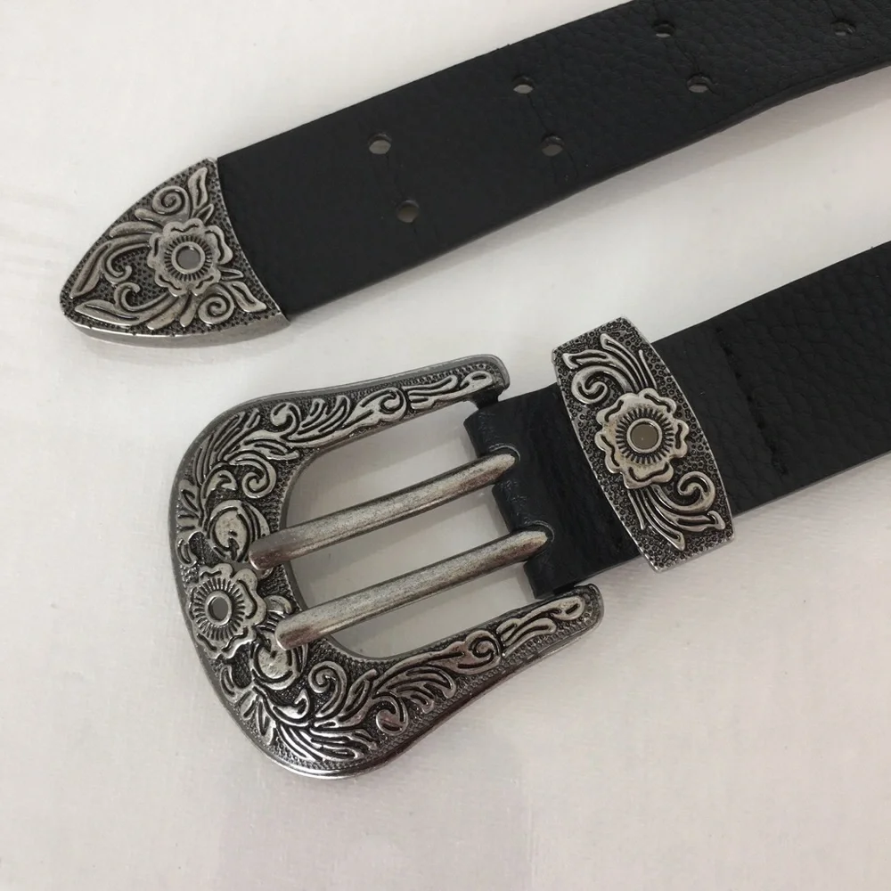 Women’s Black Vegan Leather Western Belt Antique Silver Floral Buckle Size M